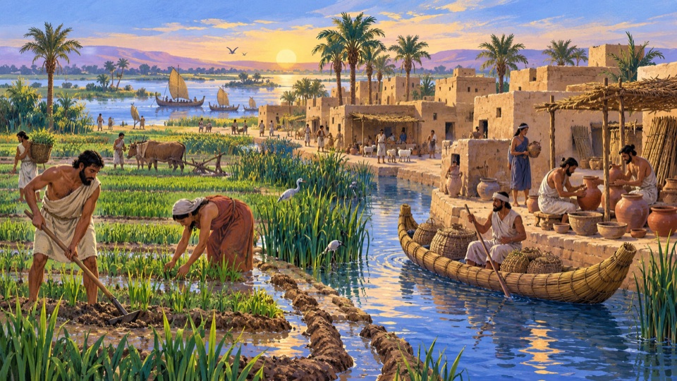 An imagined river-valley town: farmers tend fields, potters shape clay, and reed boats travel along canals.