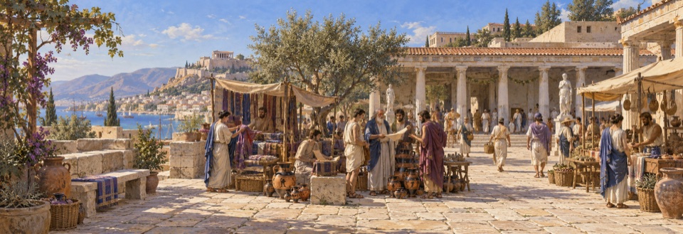 An imagined Mediterranean plaza: merchants trade pottery and textiles, while people exchange scrolls.