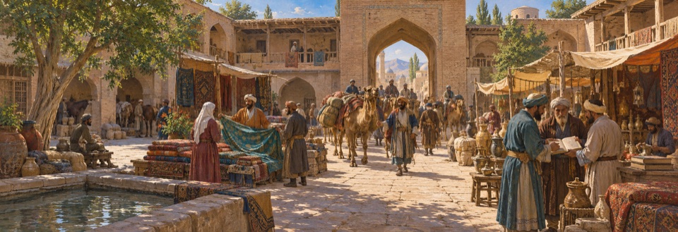 An imagined Central Asian market: pack animals and merchants bring textiles, books and pottery.