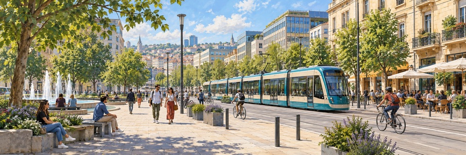 An imagined early twenty-first-century city: a tram passes a plaza where people walk, cycle and gather by trees and streetside shops.